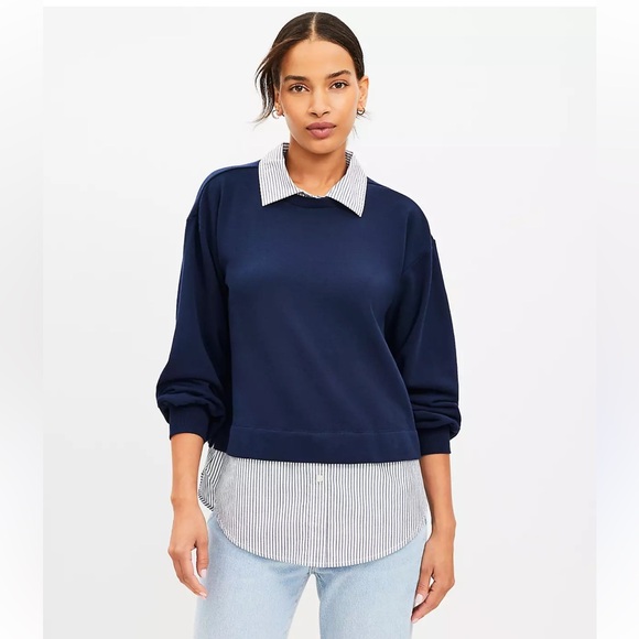 Loft Striped Poplin Navy White Mixed Medium Sweater Size Large - Picture 1 of 6